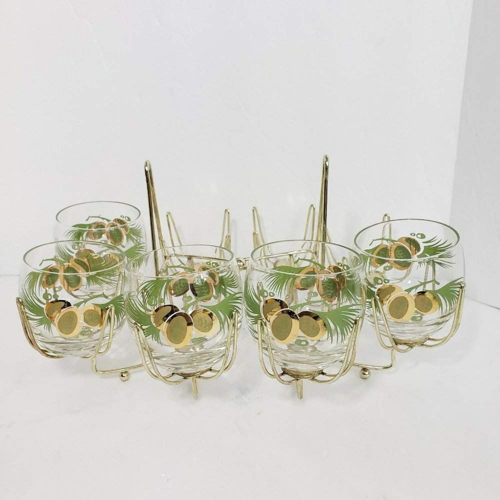 VTG Federal Glass Roly Poly 5 Glasses W/ Rack MCM